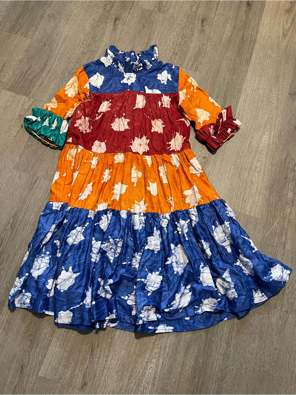 Colorblock Floral Tiered Midi Dress in Blue, Red & Orange Have Some Spots - Picture 2 of 7